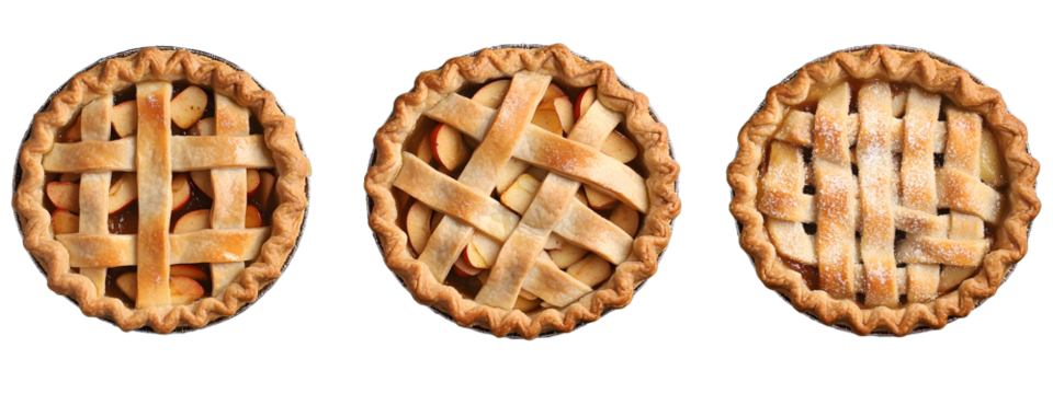 Apple Pie, each with a golden, flaky crust, filled with tender, spiced apples, and a lattice top or a smooth crust with a dusting of sugar