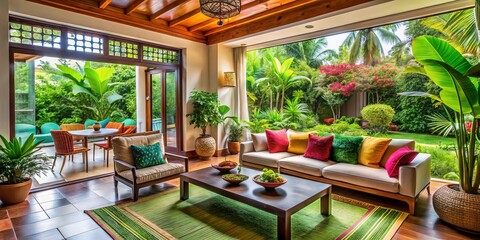 Fototapeta premium Escape to a vibrant haven, where lush foliage, tropical patterns, and cheerful colors come together to create a seamless fusion of indoor and outdoor living spaces.