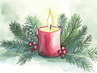Christmas candle, burning brightly, surrounded by pine branches and berries, peaceful ambiance, Watercolor style