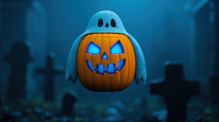 Fototapeta premium Spooky Cartoon Pumpkin Ghost Floating Above Graveyard on Halloween Night with Ethereal Blue Light and Mist
