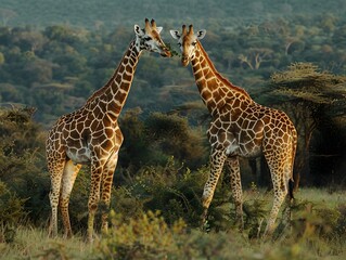 Obraz premium Two giraffes interact in a lush savannah landscape during sunset in Africa