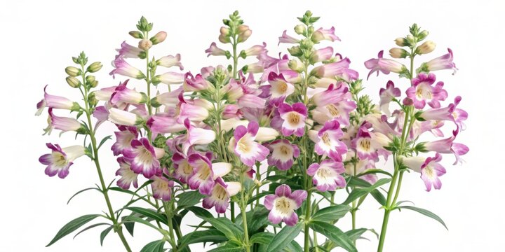 Vibrant tubular penstemon blossoms in shades of pink and white with yellow throats and delicate stems, delicately isolated on a transparent background.