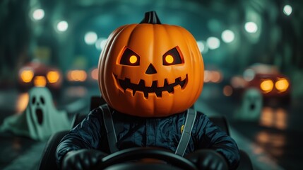 Cartoon Pumpkin Racing Through Haunted Track | Spooky Halloween Race Car Costume with Ghostly Cars, Copy Space,