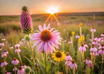 round headed bush clover and purple coneflower rise above the prairie grasses at sunrise
