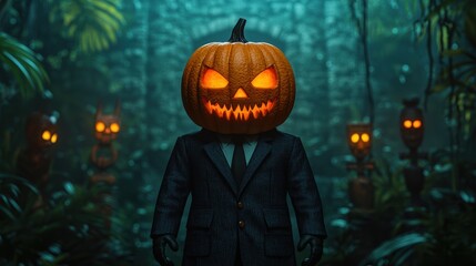 Spooky Halloween Ritual: Cartoon Pumpkin Witch Doctor in Haunted Jungle with Glowing Masks and Totems