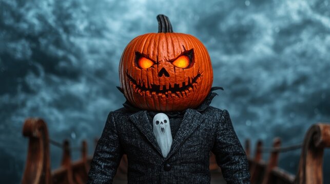 Spooky 3D Cartoon Pumpkin Viking Leading Ghostly Crew on Haunted Ship in Stormy Sky for Halloween - Ultra HD