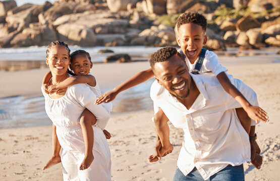Piggyback, happy and black family at beach for fun on tropical vacation, travel or getaway. Smile, bonding and African children playing with parents by ocean on holiday, adventure or weekend trip.