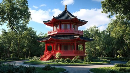 Fototapeta premium A traditional Chinese pagoda with red roof and black eaves, surrounded by lush green trees and a curved path.
