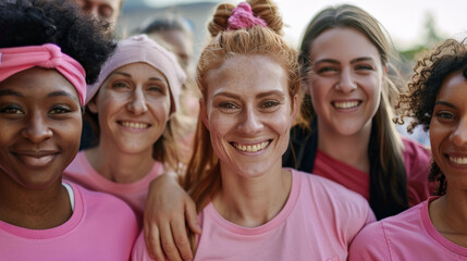 Survivors in pink t-shirts with unique hope messages standing together
