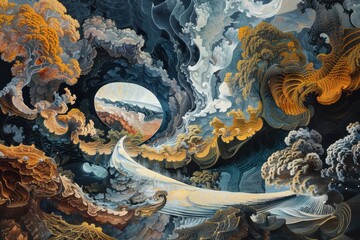 Fototapeta premium Abstract Art with Swirling Patterns, Clouds, and a Distant Landscape