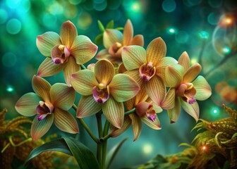 Fototapeta premium Delicate exotic orchid flowers with intricate patterns and soft pastel hues bloom against a vibrant floral background, perfect for elegant nature-inspired designs and banners.