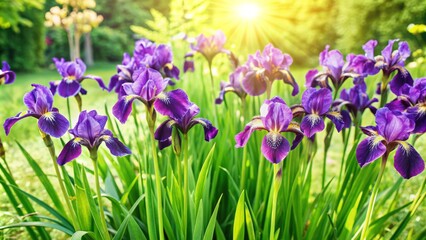 Vibrant bright purple irises bloom radiantly under warm sunlight, their delicate petals unfolding amidst lush greenery in a serene and idyllic garden setting.