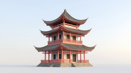 Fototapeta premium A traditional Chinese style pagoda with red pillars, layered roofs and wooden trim against a white backdrop.