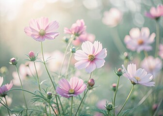 Fototapeta premium Delicate pink cosmos flowers sway gently in the breeze, their feathery foliage and slender stems set against a soft, serene background of warm sunlight and pastel hues.