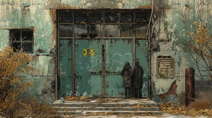 Two survivors stand at the entrance to an underground shelter, surrounded by the ruins of an ancient fortress and overgrown vegetation.