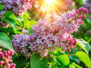 Fototapeta premium Delicate purple lilac blossoms sway gently in the breeze, releasing their sweet fragrance, surrounded by lush green leaves and warm sunlight, evoking serenity and peacefulness.
