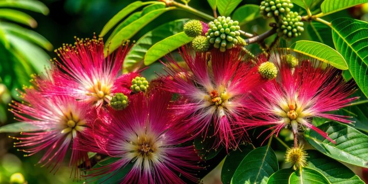 Delicate guaras bloom amidst lush green leaves, their feathery plumes and intricate patterns illuminated against a stark, velvety black background, exuding elegance and refinement.