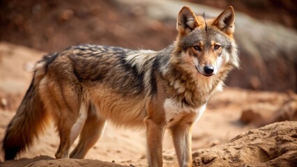 Fototapeta premium A solitary Guará wolf stands out against a sandy beige background, its fur a mesmerizing blend of gray, brown, and cream hues, exuding wild elegance.