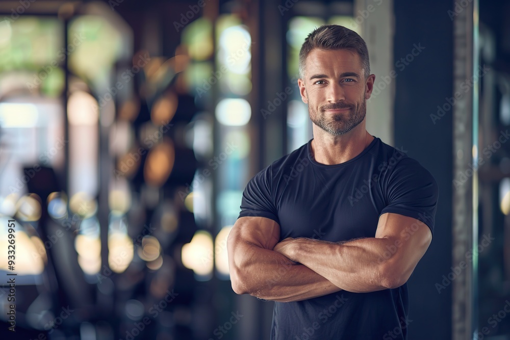 Wall mural young muscular man posing in the gym center