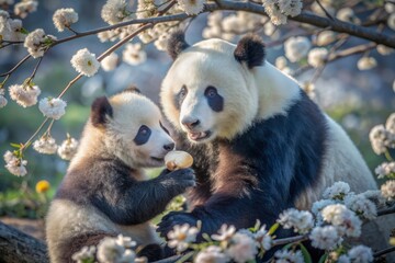 Fototapeta premium Adorable panda and cub duo sharing tender moment, exchanging stuffed steamed buns under blooming cherry blossom tree, rendered in soft, dreamy watercolor hues.