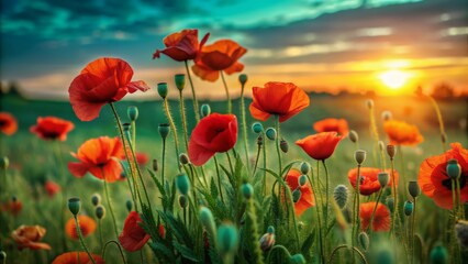 Fototapeta premium Vibrant orange and red poppy flowers sway gently in the breeze, set against a warm, golden sunset backdrop, in a serene and peaceful rural landscape.
