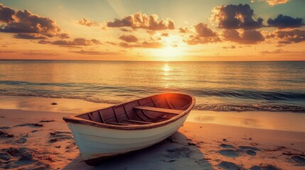 A small wooden boat sits on a sandy beach at sunset, with the golden light reflecting off the water.