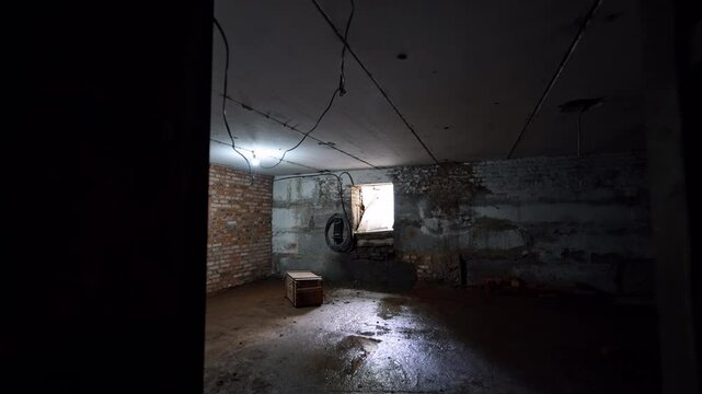 Large spacious empty premise of an old building under reconstruction. A wooden box is inside the room. Dark rooms in the basement.