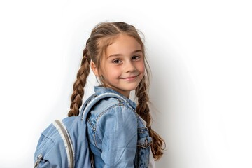 School girl with backpack on white background
