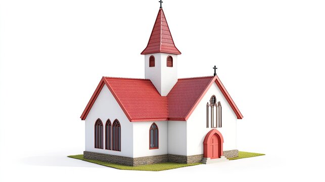 recommend clip art: A white church with a red roof and a tall steeple, set on a patch of green grass, against a white background.