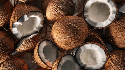 Fresh coconuts are arranged, some cut in half to reveal their creamy inner texture and fibrous outer shell