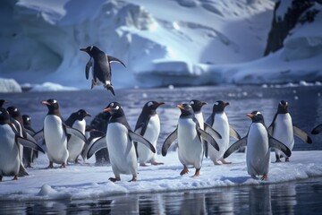 Fototapeta premium A group of penguins in the snow, some flying and others walking on their feet. The scene