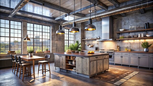 Industrial chic exposed ductwork Edison bulb lighting distressed metal cabinet urban loft ambiance concrete countertops