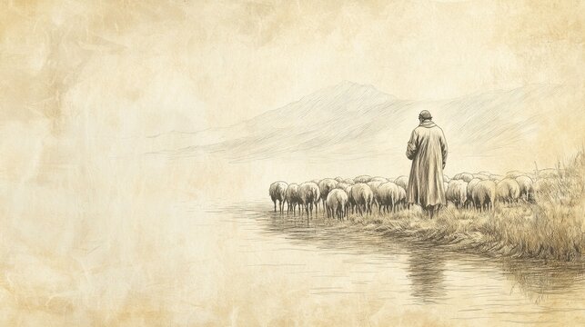 Biblical Illustration of a Gentle Shepherd Leading His Flock Beside Still Waters, Representing God's Guidance and Provision for the Faithful, Psalms 37