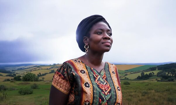 Zambian Woman Standing Strong on Hill with Lightning Background