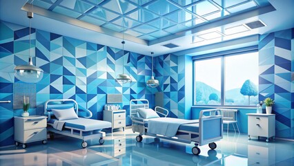 In the ICU, uncertainty and hope converge in a symphony of cool blues and geometric patterns, a surreal dance between life and death.