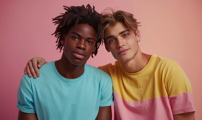 Fototapeta premium Smiling young couple with casual outfits against a pink background, embracing diversity.