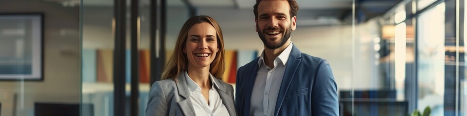 Happy business duo in modern office, professional setting, standing side by side.