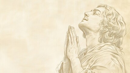 Naklejka premium Biblical Illustration of Psalms 10: David in Deep Prayer Pleading for God’s Justice as the Cries of the Afflicted Rise to Heaven on Beige Background