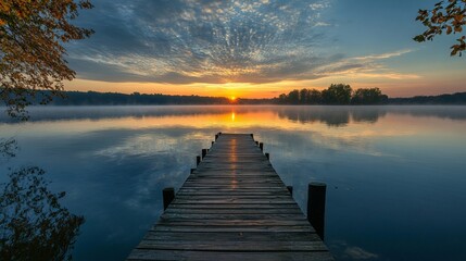 Obraz premium A lake with a wooden dock, a sunrise in the background, and trees on the shore.
