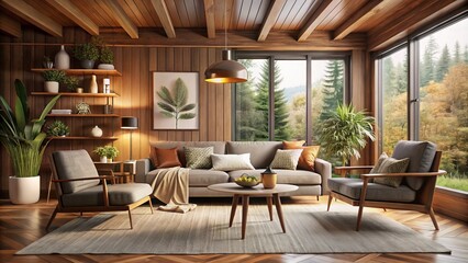 Fototapeta premium Inviting spaces blend warm woods, soft textiles, and muted colors, transporting you to a cozy, nostalgic atmosphere.