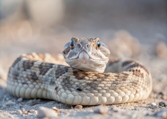 Obraz premium A close up of a prairie rattlesnake with its head raised above the ground and facing the camera.