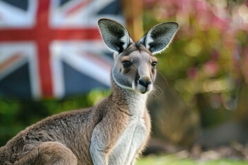 Fototapeta premium Kangaroo with Australian Flag Symbolizing Wildlife and Tourism