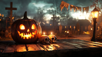 Fototapeta premium A spooky Halloween scene with a carved jack-o'-lantern illuminated by candlelight, a skull resting beside it on a weathered wooden table