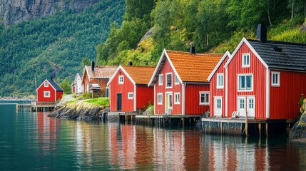 Obraz premium Row of red wooden houses on stilts by the water with a lush green hillside in the background.