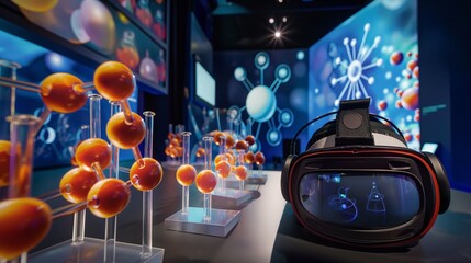 A VR headset at a science exhibit, showing interactive 3D models of molecules and atoms for an educational chemistry experience.