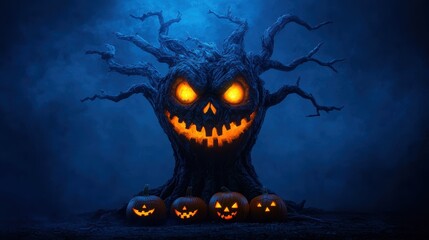 Enchanted Halloween Night - Spooky Tree with Glowing Eyes and Pumpkins, Copy Space for Text, Selective Focus, Ultra HD Image