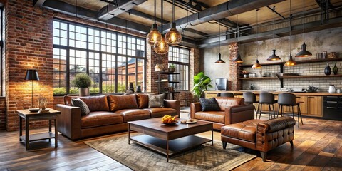Metallic hardware and exposed brick walls merge with supple leather accents in a space that's equal parts rustic and urban, blending nature's texture with industrial chic.