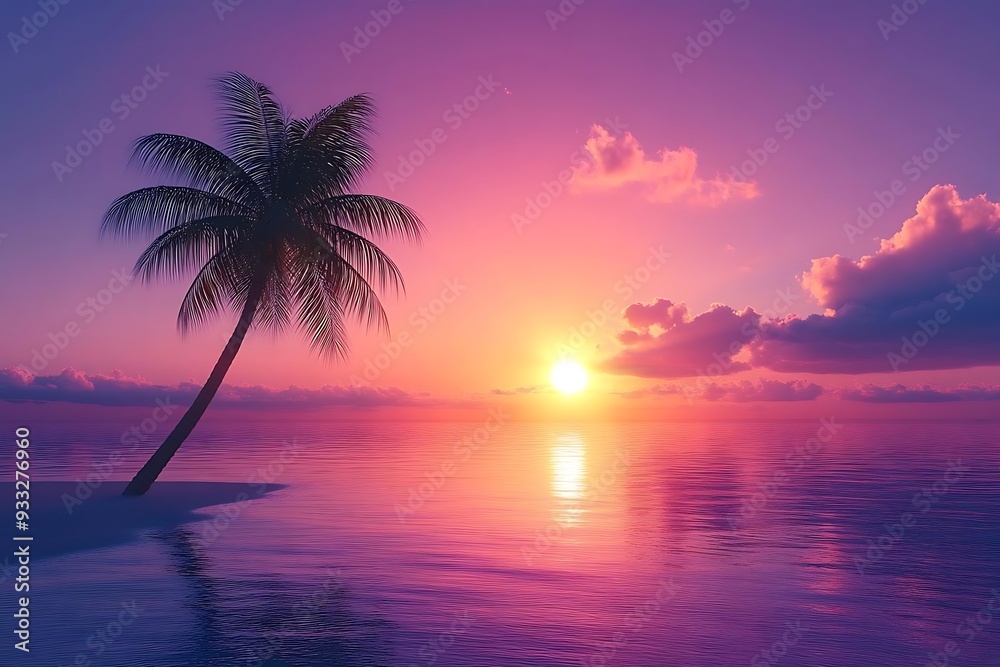 Wall mural Palm Tree Silhouette at Sunset Over Ocean - Realistic Illustration