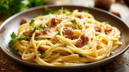 A plate of creamy pasta with bacon and parsley.