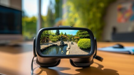A VR headset in a home office, showing a tranquil meditation space with a virtual Zen garden visible through the lenses for relaxation.